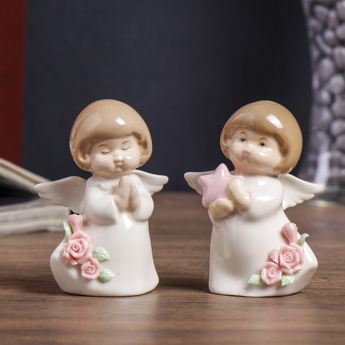 Сувенир керамика "Ангелочек в белом платьице с розами" МИКС 9х7х4 см