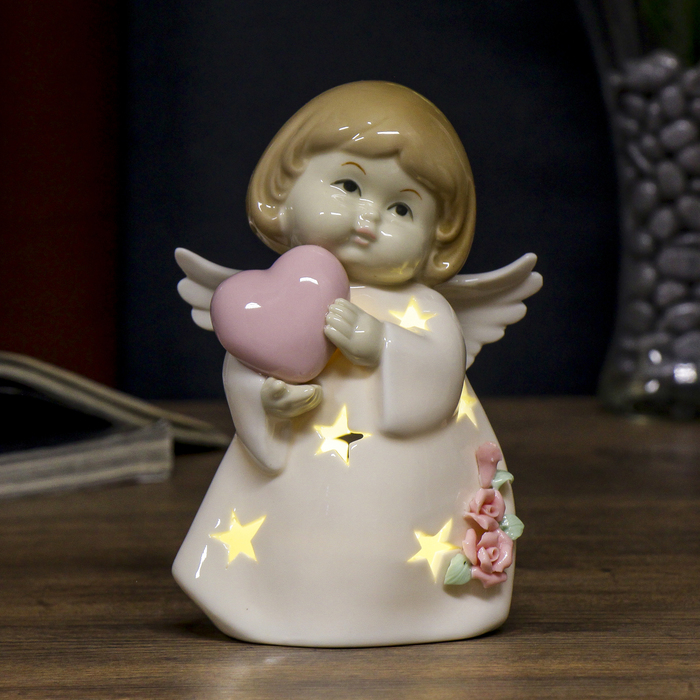 Сувенир керамика световой "Ангелочек в белом платьице с розами с сердцем" 17,5х10х7 см