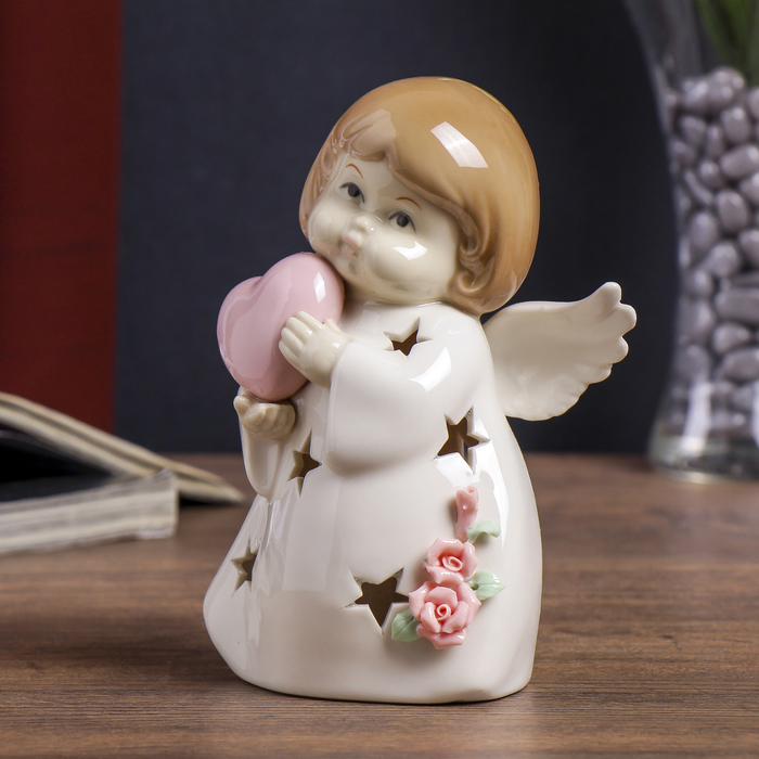 Сувенир керамика световой "Ангелочек в белом платьице с розами с сердцем" 17,5х10х7 см