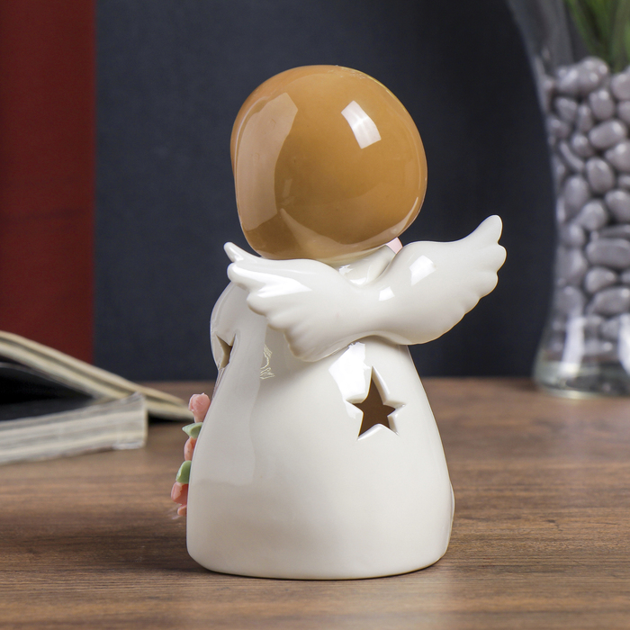 Сувенир керамика световой "Ангелочек в белом платьице с розами с сердцем" 17,5х10х7 см