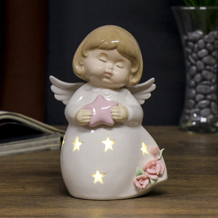 Сувенир керамика световой "Ангелочек в белом платьице с розами с звёздочкой" 17,5х10х7 см