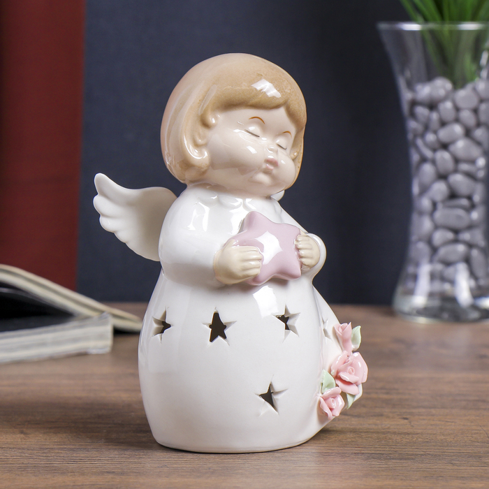 Сувенир керамика световой "Ангелочек в белом платьице с розами с звёздочкой" 17,5х10х7 см