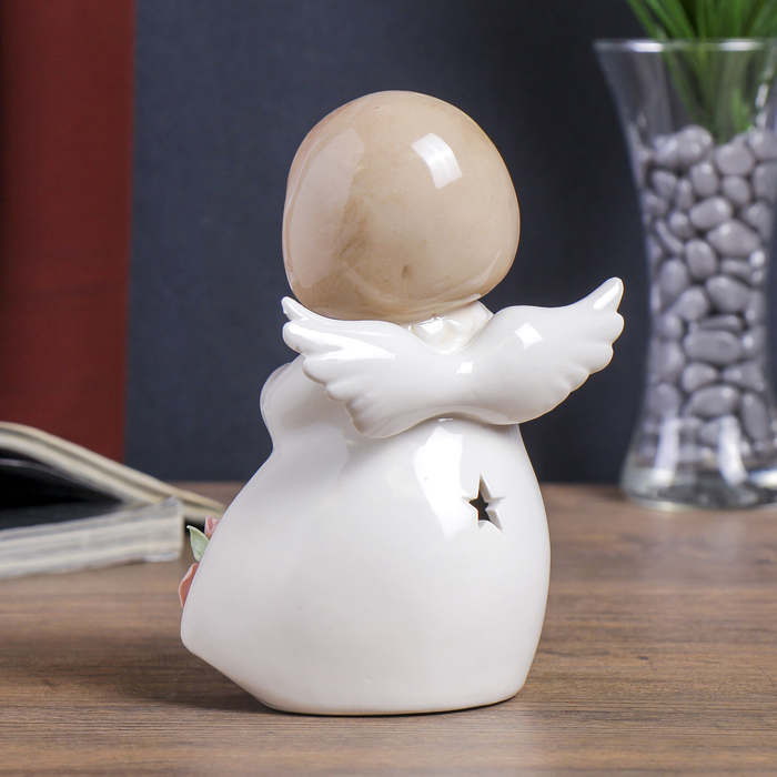Сувенир керамика световой "Ангелочек в белом платьице с розами с звёздочкой" 17,5х10х7 см