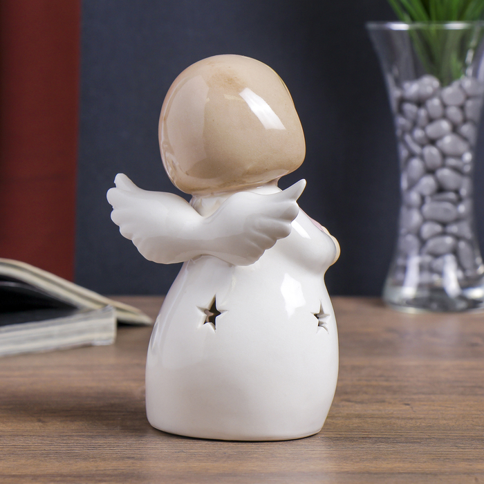 Сувенир керамика световой "Ангелочек в белом платьице с розами с звёздочкой" 17,5х10х7 см