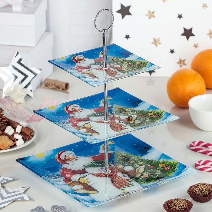 Блюдо 3 яруса "Оседлай снеговика", квадратное 25х33 см