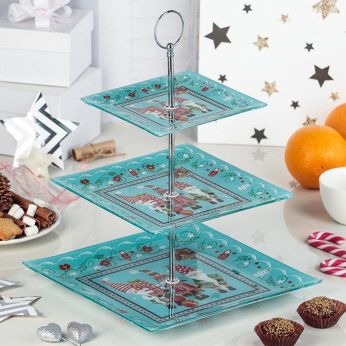 Блюдо 3 яруса "Гномики", квадратное 25х33 см