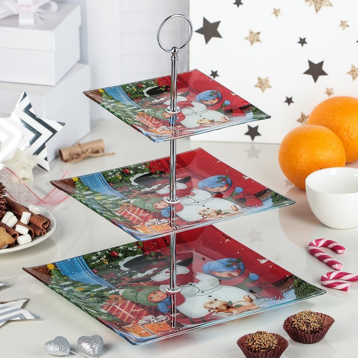 Блюдо 3 яруса "Снеговик в доме!", 25х33 см