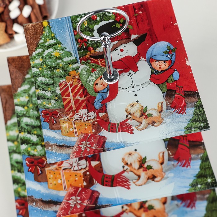 Блюдо 3 яруса "Снеговик в доме!", 25х33 см