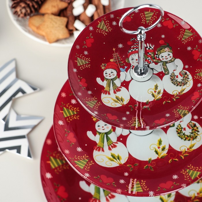 Блюдо 3 яруса "Семья снеговиков", 25х33 см