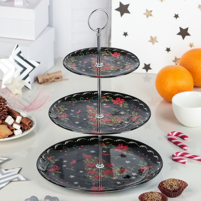 Блюдо 3 яруса "Ель в ночи", круглое 25х33 см