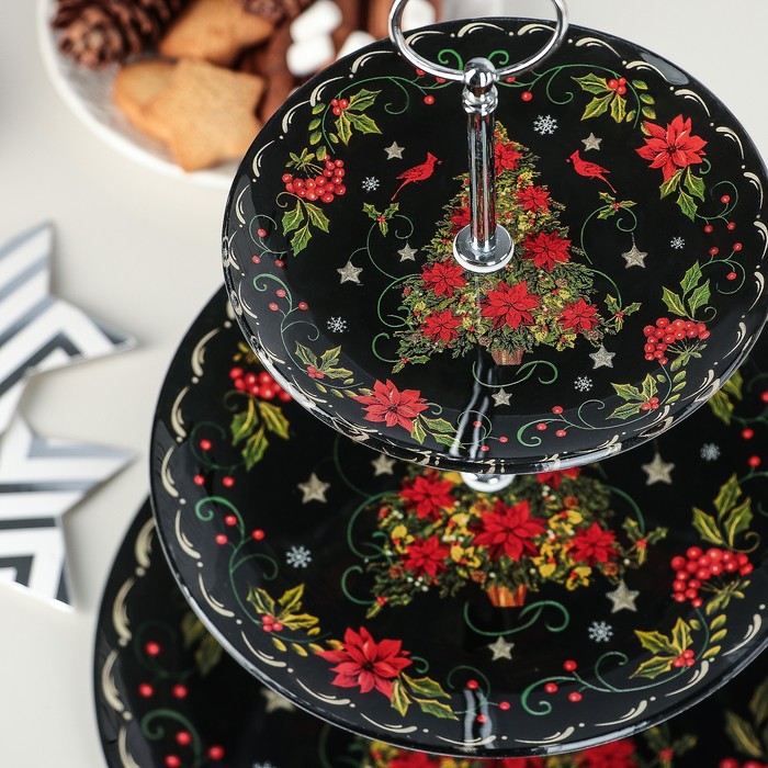 Блюдо 3 яруса "Ель в ночи", круглое 25х33 см