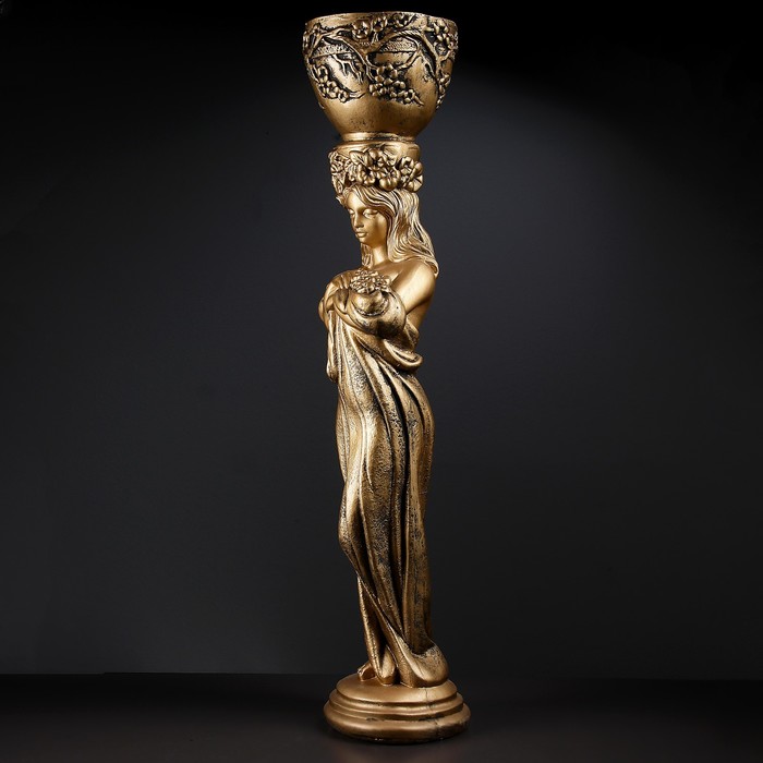 Фигурное кашпо "Девушка стоя с цветами" черное золото 104х23х23см