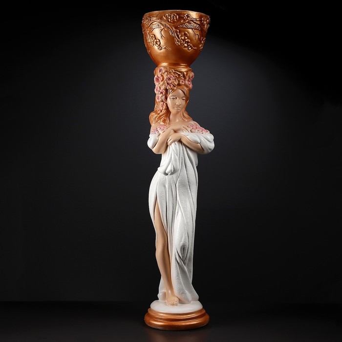 Фигурное кашпо &quot;Девушка стоя с цветами&quot; белое с золотом 104х23х23см