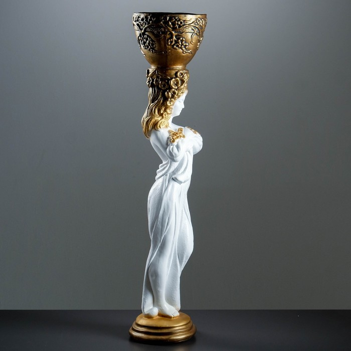 Фигурное кашпо "Девушка стоя с цветами" белое с бронзой 104х23х23см