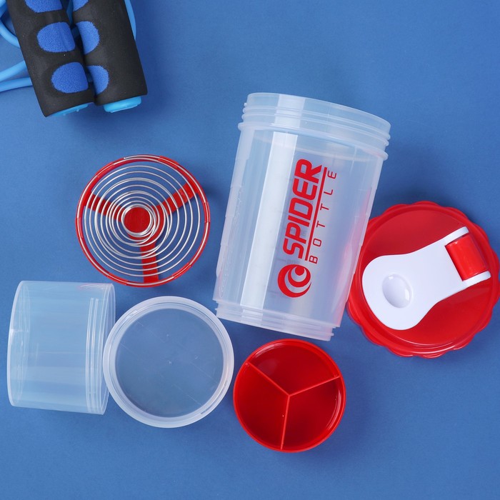 Шейкер 500 мл, с пружинкой, шкала, 2 таблетницы, красный, 9.5х25 см