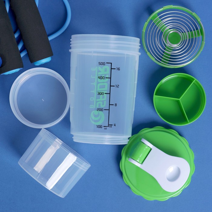 Шейкер 500 мл, с пружинкой, шкала, 2 таблетницы, зелёный, 9.5х25 см