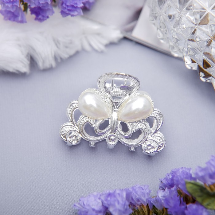 Краб для волос "Жемчужный" 4 см бабочка ажур