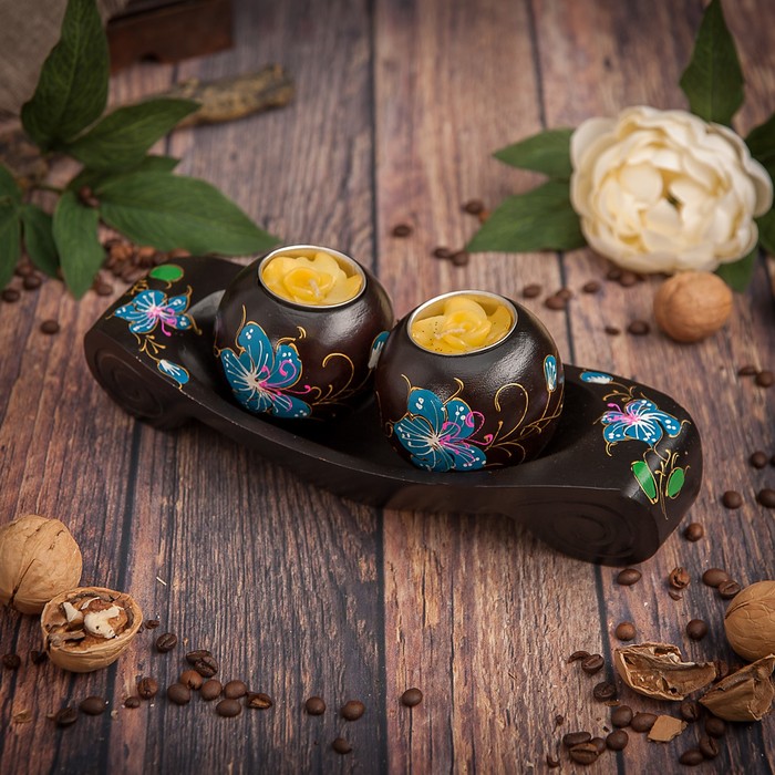 Набор подсвечников из мангового дерева "Лодочка счастья" 25х9х8 см