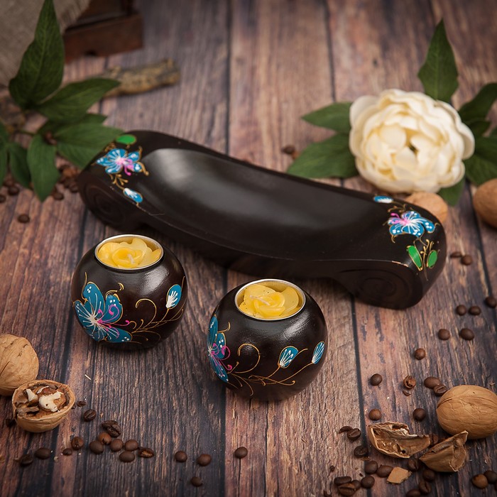 Набор подсвечников из мангового дерева "Лодочка счастья" 25х9х8 см