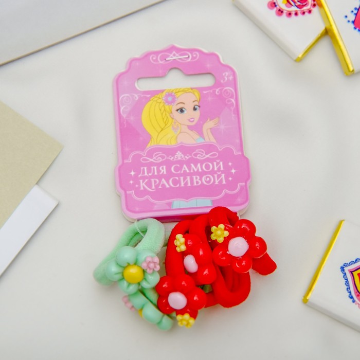 Резинка для волос "Криспи" набор 5 штук цветочек красный,зеленый