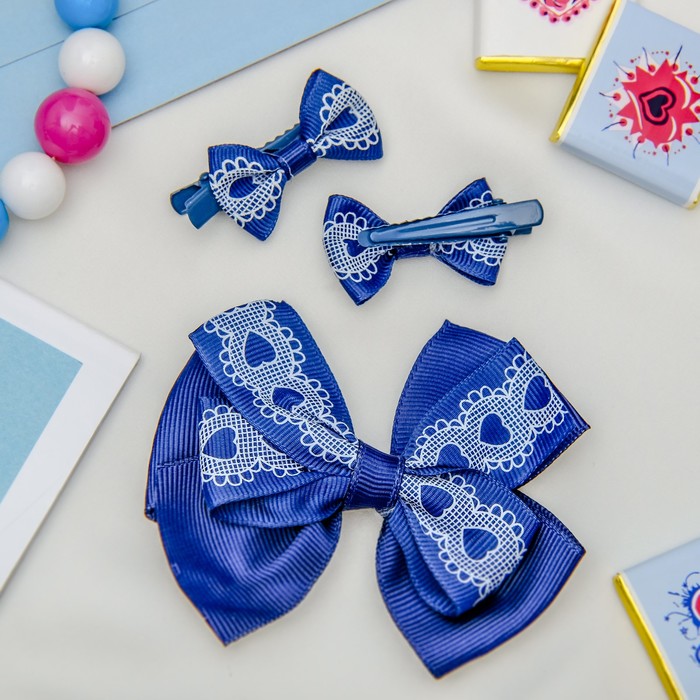 Зажим для волос "Красотка" набор 3 шт синий сердечки