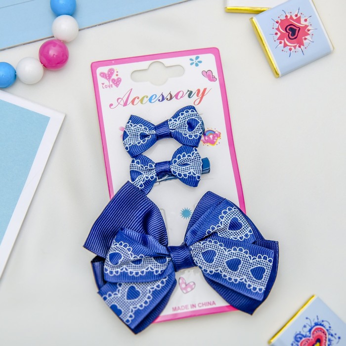 Зажим для волос "Красотка" набор 3 шт синий сердечки