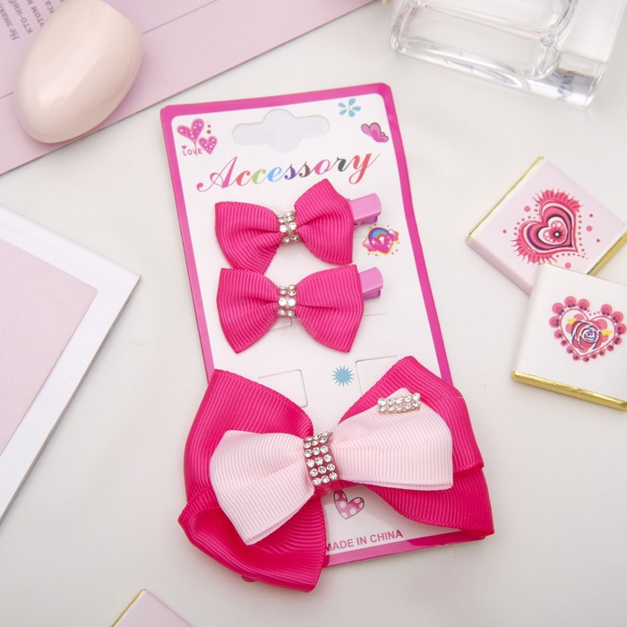 Зажим для волос "Красотка" набор 3 шт малиновый стразы