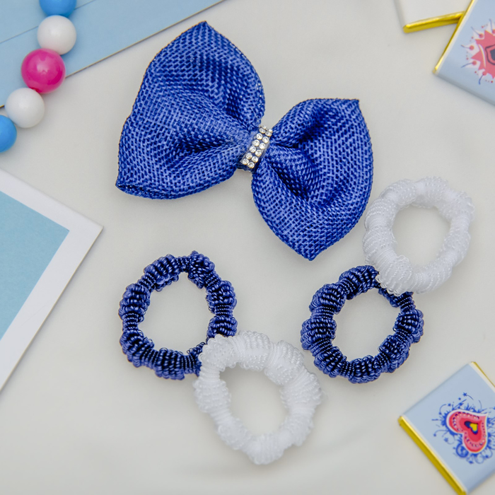 Набор для волос "Малютка" синий белый (4 резинки, 1 зажим) бант со стразами