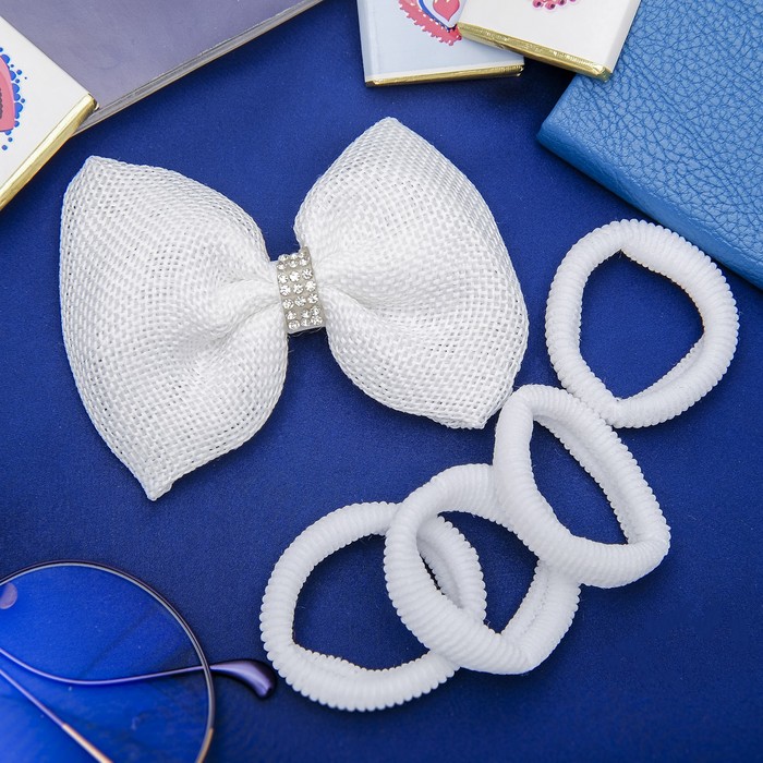 Набор для волос "Малютка" белый (4 резинки, 1 зажим) бант со стразами