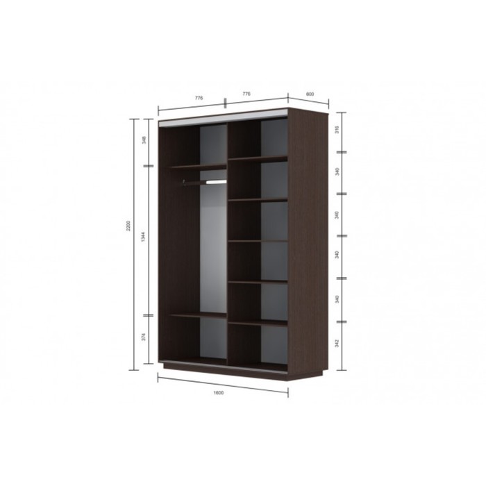 Шкаф-купе 2-дверный Slide, 1600х600х2200 мм, 2 зеркала, цвет венге