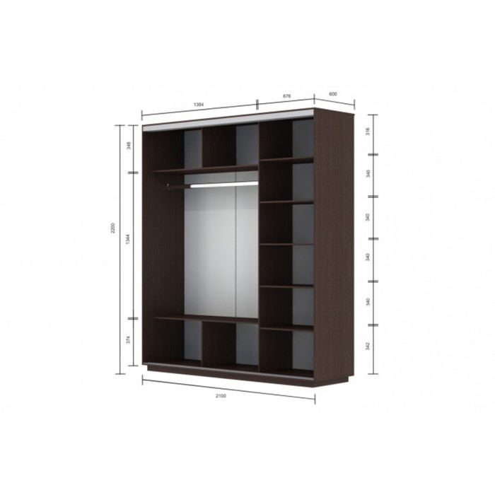 Шкаф-купе 3-дверный Slide, 2100х600х2200 мм, зеркало, цвет венге