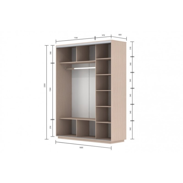Шкаф-купе 3-дверный Slide, 1800х600х2200 мм, зеркало, цвет дуб молочный