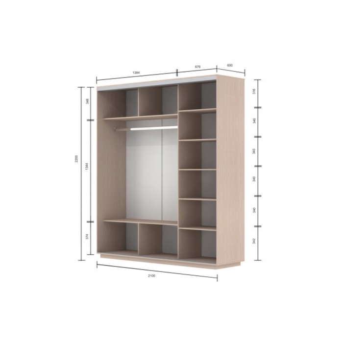 Шкаф-купе 3-дверный Slide, 2100х600х2200 мм, зеркало, цвет дуб молочный