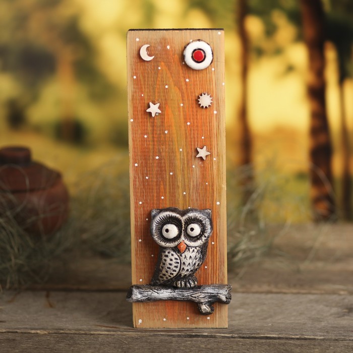 Панно дерево с шамотом "Сова 3" 29х11х4см