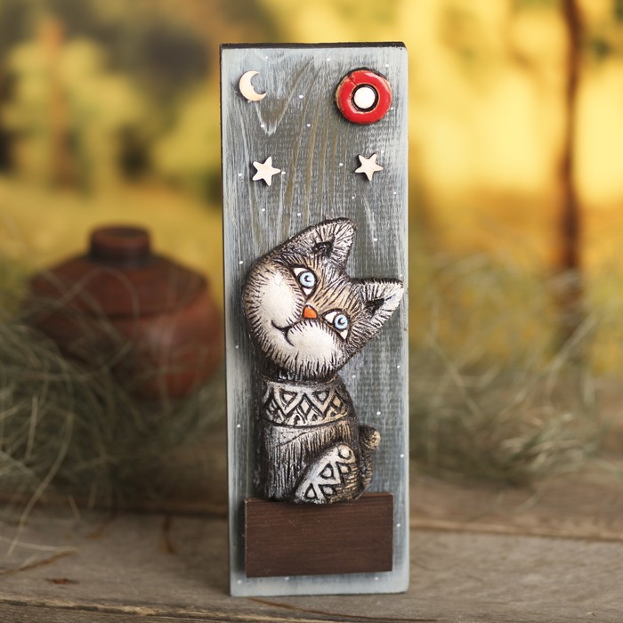 Панно дерево с шамотом "Кот" 29х9х5 см