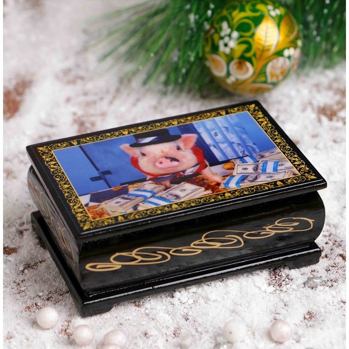 Шкатулка «Поросёнок с деньгами», 6×9 см, лаковая миниатюра