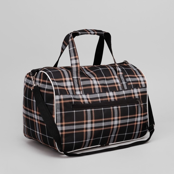 Саквояж, отдел на молнии, длинный ремень, принт коричневый плед