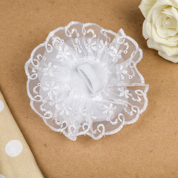 Бант для девочек с резинкой "Роса", с синими жемчужинами, с вышивкой, 15 см