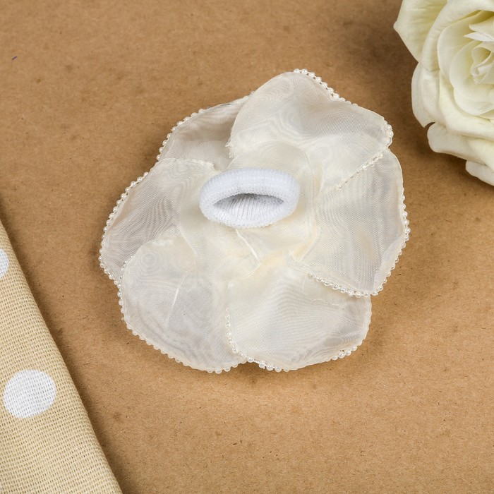 Бант для девочек с резинкой " Утренняя роса ", бежевый, с вышивкой бисером, 13 см