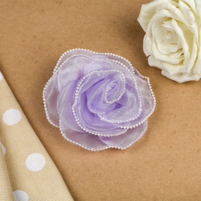 Бант для девочек с резинкой "Утренняя роса ", сиреневый, с вышивкой бисером, 13 см