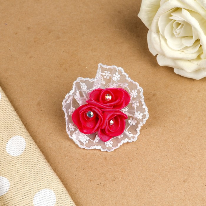 Бант для девочек с резинкой "Мадлен", красный, с вышивкой, 8 см