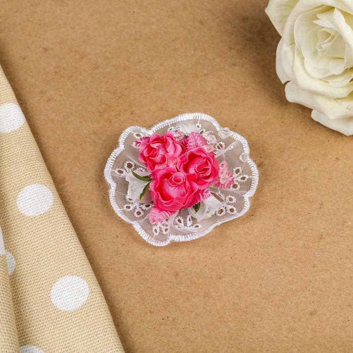 Бант для девочек с резинкой "Мадлен", розовый, с вышивкой, 7 см