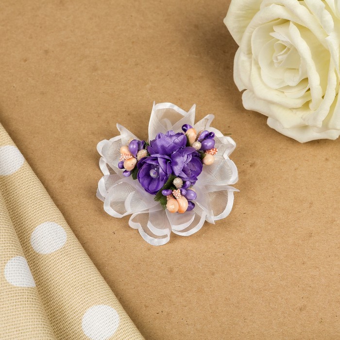 Бант для девочек с резинкой "Сонбе", сиреневый, с бусинами, 9 см