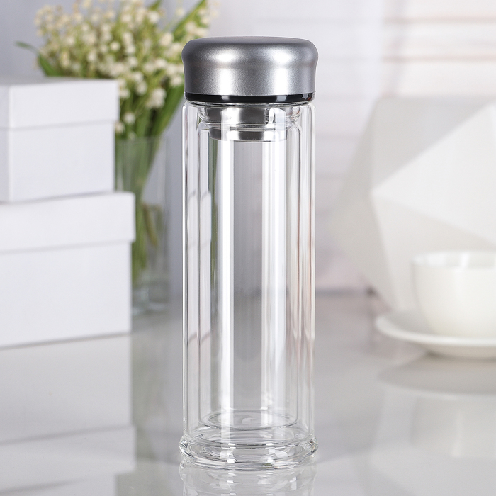 Бутылка двойное стекло 320 мл "Стиль", с металлическим ситом, цвета МИКС