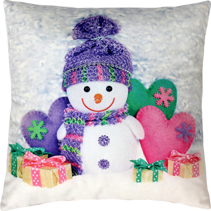 Подушка декоративная Снеговик и сердечки сублимация 35х35 см велюр, пэ 100%