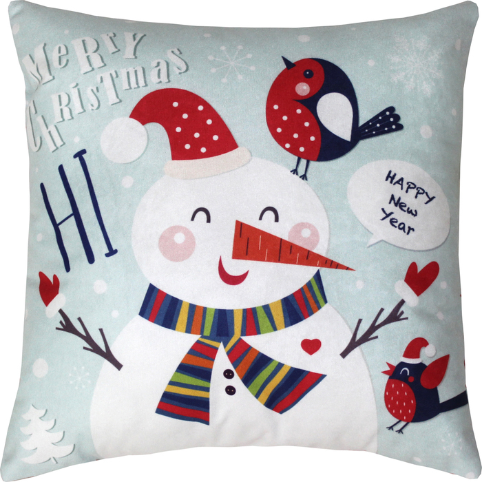 Подушка декоративная Снеговик и снегирь сублимация 35х35 см велюр, пэ 100%
