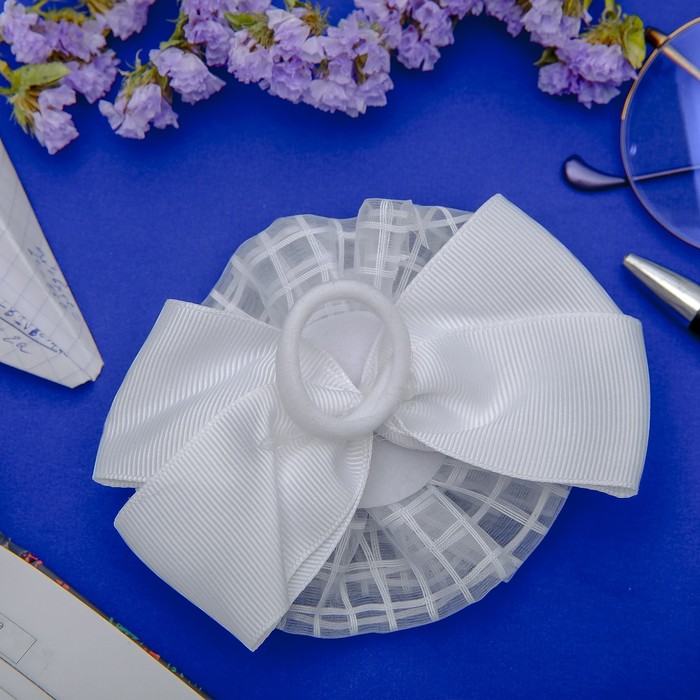 Резинка для волос бант "Школьница" 11,5 см, синяя лента с жемчужиной