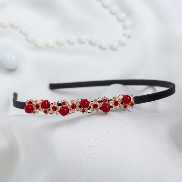 Ободок для волос " Гестия" 0,5 см цветы,жемчуг красный