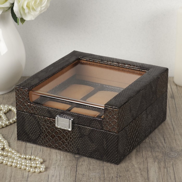 Шкатулка кожзам под часы 6 отделений "Рептилия" коричневая 10х19,5х20,4 см