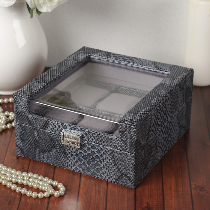 Шкатулка кожзам под часы 6 отделений "Рептилия" серая 10х19,5х20,4 см